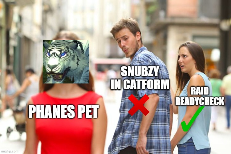 WOW GGM LOL | SNUBZY IN CATFORM; RAID READYCHECK; PHANES PET | image tagged in memes,distracted boyfriend,world of warcraft | made w/ Imgflip meme maker