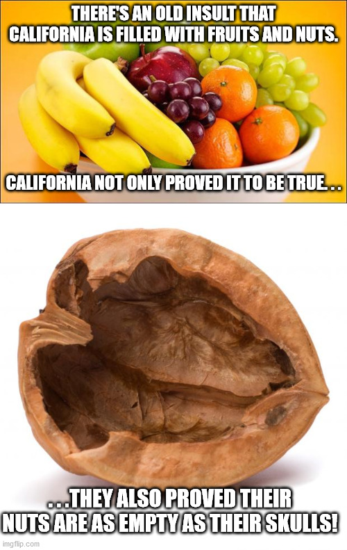 THERE'S AN OLD INSULT THAT CALIFORNIA IS FILLED WITH FRUITS AND NUTS. CALIFORNIA NOT ONLY PROVED IT TO BE TRUE. . . . . .THEY ALSO PROVED THEIR NUTS ARE AS EMPTY AS THEIR SKULLS! | image tagged in california,dumbasses,stupid people,government corruption,political meme,recall | made w/ Imgflip meme maker