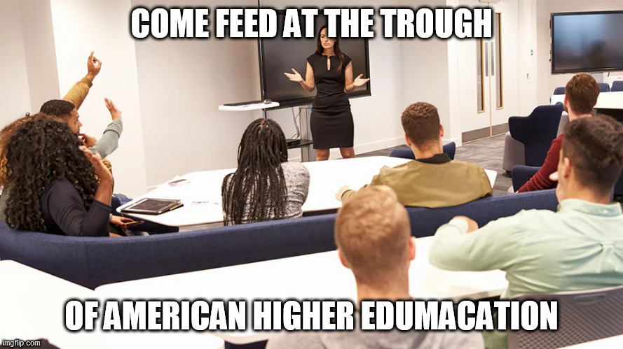 American Higher Education | COME FEED AT THE TROUGH; OF AMERICAN HIGHER EDUMACATION | image tagged in college humor | made w/ Imgflip meme maker