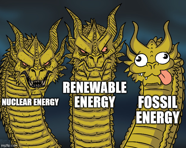 Which one do you like? | RENEWABLE ENERGY; FOSSIL ENERGY; NUCLEAR ENERGY | image tagged in king ghidorah | made w/ Imgflip meme maker
