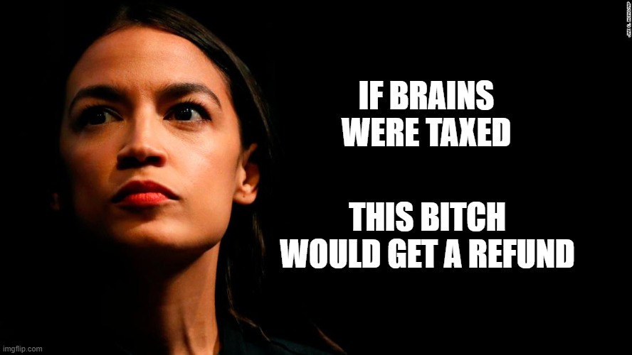 Tax this b*tch | IF BRAINS WERE TAXED; THIS BITCH WOULD GET A REFUND | image tagged in ocasio-cortez super genius,aoc,tax the rich | made w/ Imgflip meme maker