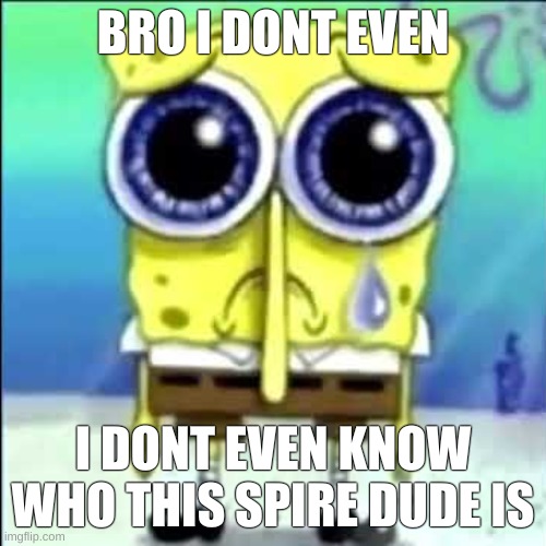i dont keep up with people leaving | BRO I DONT EVEN; I DONT EVEN KNOW WHO THIS SPIRE DUDE IS | image tagged in sad spongebob | made w/ Imgflip meme maker