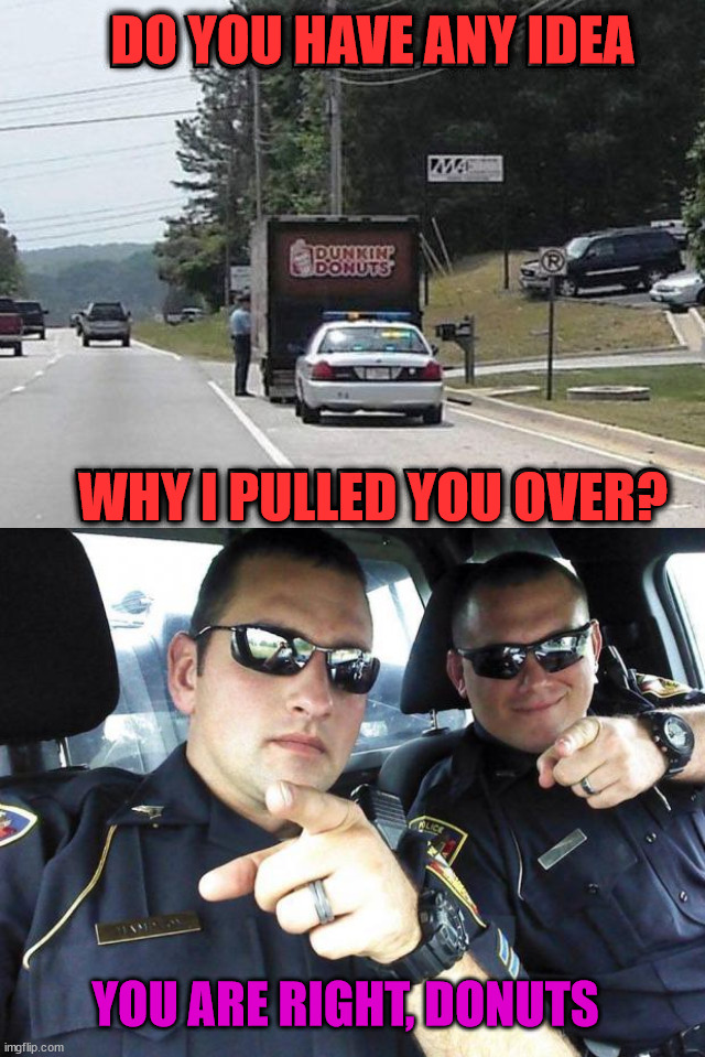 They really do like donuts .... ask them. | DO YOU HAVE ANY IDEA; WHY I PULLED YOU OVER? YOU ARE RIGHT, DONUTS | image tagged in cops | made w/ Imgflip meme maker