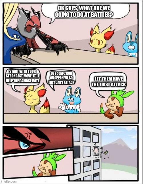 Get yeeted Chespin | OK GUYS, WHAT ARE WE GOING TO DO AT BATTLES? START WITH YOUR STRONGEST MOVE, IT'LL HELP THE DAMAGE RATE; USE CONFUSION ON OPPONENT SO THEY CAN'T ATTACK; LET THEM HAVE THE FIRST ATTACK | image tagged in pokemon board meeting,attack,controversial pokemon battle,yeet | made w/ Imgflip meme maker