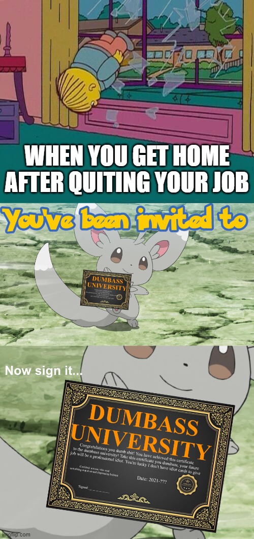 WHEN YOU GET HOME AFTER QUITING YOUR JOB | image tagged in simpsons jump through window,you've been invited to dumbass university | made w/ Imgflip meme maker