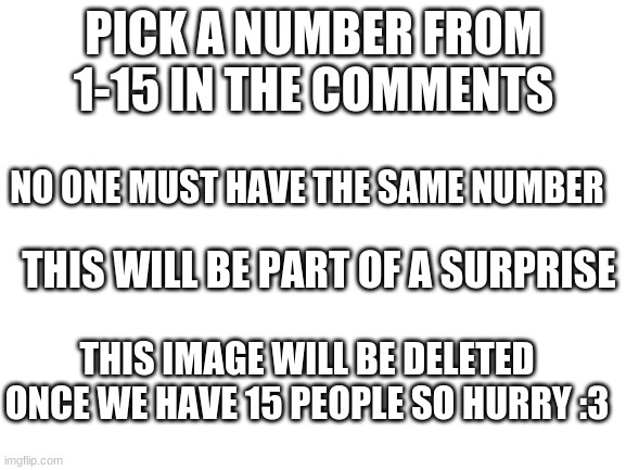 HURRY. | PICK A NUMBER FROM 1-15 IN THE COMMENTS; NO ONE MUST HAVE THE SAME NUMBER; THIS WILL BE PART OF A SURPRISE; THIS IMAGE WILL BE DELETED ONCE WE HAVE 15 PEOPLE SO HURRY :3 | image tagged in blank white template | made w/ Imgflip meme maker