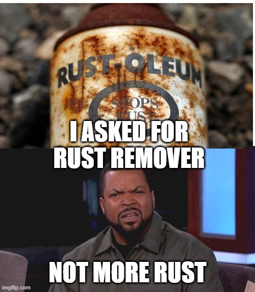I wanna get rid of the rust on meh chair | I ASKED FOR RUST REMOVER; NOT MORE RUST | image tagged in really ice cube,bruh | made w/ Imgflip meme maker
