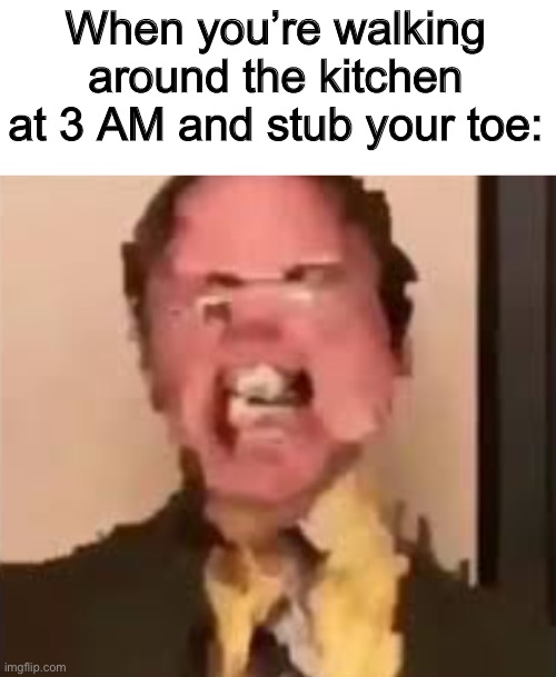 Dwight Screaming |  When you’re walking around the kitchen at 3 AM and stub your toe: | image tagged in dwight screaming,funny,ouch,haha,memes | made w/ Imgflip meme maker