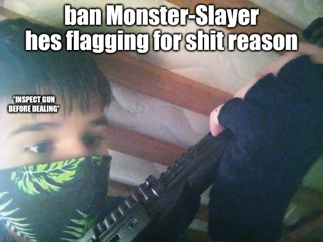 dealer | ban Monster-Slayer
hes flagging for shit reason | image tagged in dealer | made w/ Imgflip meme maker