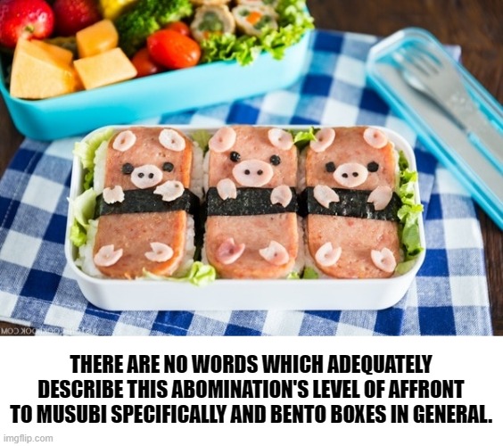 SPAMBENTO | THERE ARE NO WORDS WHICH ADEQUATELY DESCRIBE THIS ABOMINATION'S LEVEL OF AFFRONT TO MUSUBI SPECIFICALLY AND BENTO BOXES IN GENERAL. | image tagged in spambento | made w/ Imgflip meme maker