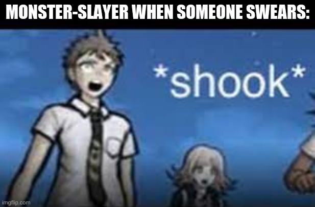 *shook* | MONSTER-SLAYER WHEN SOMEONE SWEARS: | image tagged in shook | made w/ Imgflip meme maker