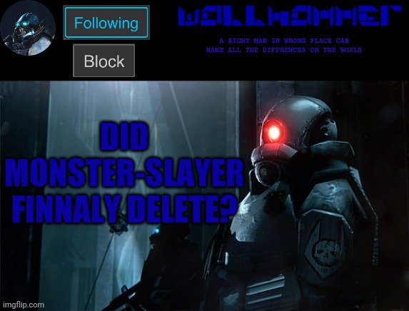 wallhammer | DID MONSTER-SLAYER FINNALY DELETE? | image tagged in wallhammer | made w/ Imgflip meme maker
