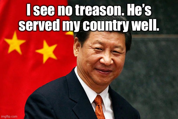 Xi Jinping | I see no treason. He’s served my country well. | image tagged in xi jinping | made w/ Imgflip meme maker