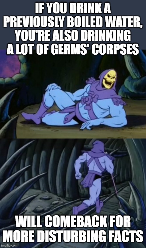 Also, meats have a lot of micro germs that turn into worms if not cooked | IF YOU DRINK A PREVIOUSLY BOILED WATER, YOU'RE ALSO DRINKING A LOT OF GERMS' CORPSES; WILL COMEBACK FOR MORE DISTURBING FACTS | image tagged in disturbing facts skeletor | made w/ Imgflip meme maker