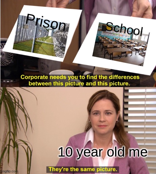 10 year old me be like: | Prison; School; 10 year old me | image tagged in memes,they're the same picture | made w/ Imgflip meme maker