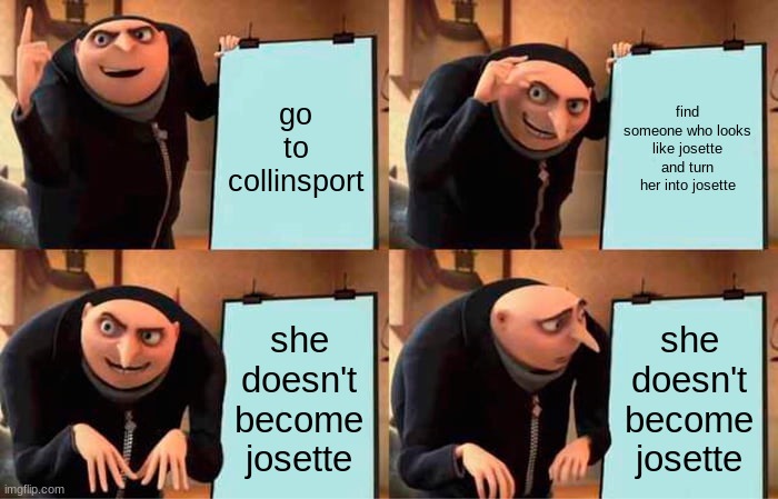Barnabas's plan | go to collinsport; find someone who looks like josette and turn her into josette; she doesn't become josette; she doesn't become josette | image tagged in memes,gru's plan | made w/ Imgflip meme maker