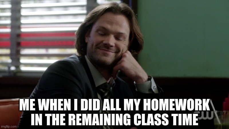 NO HOMEWORK FOR ME!!! | ME WHEN I DID ALL MY HOMEWORK IN THE REMAINING CLASS TIME | image tagged in smug face,homework,class | made w/ Imgflip meme maker