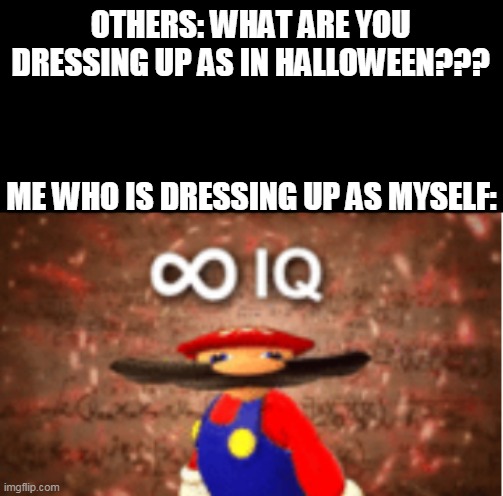 what are you gonna dress up as | OTHERS: WHAT ARE YOU DRESSING UP AS IN HALLOWEEN??? ME WHO IS DRESSING UP AS MYSELF: | image tagged in infinite iq,halloween,memes,funny | made w/ Imgflip meme maker
