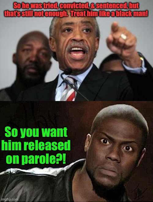 So he was tried, convicted, & sentenced, but that’s still not enough.  Treat him like a black man! So you want him released on parole?! | image tagged in al sharpton,memes,kevin hart | made w/ Imgflip meme maker