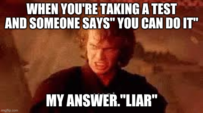 Anakin Liar | WHEN YOU'RE TAKING A TEST AND SOMEONE SAYS" YOU CAN DO IT"; MY ANSWER."LIAR" | image tagged in anakin liar | made w/ Imgflip meme maker