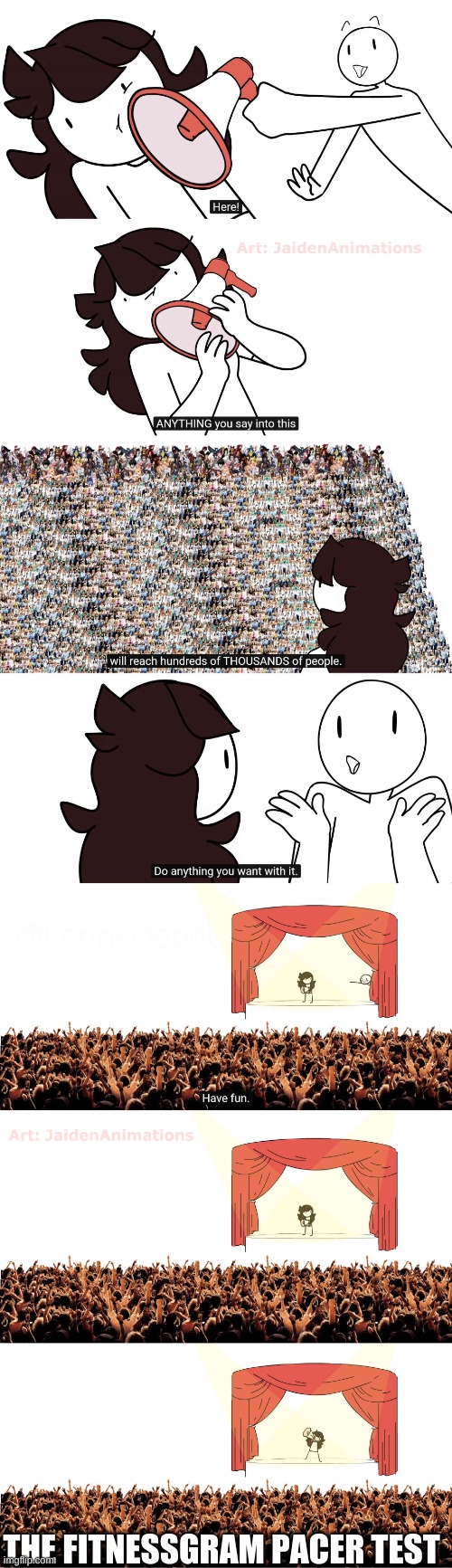 this is dumb | THE FITNESSGRAM PACER TEST | image tagged in jaiden animations megaphone | made w/ Imgflip meme maker