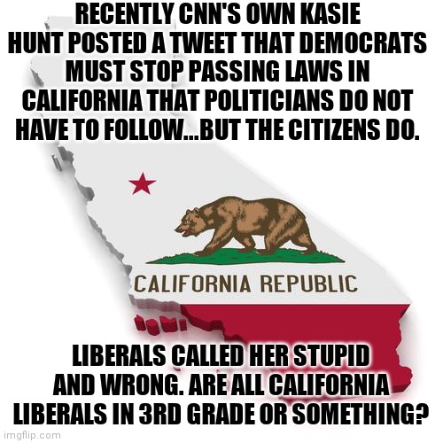 Liberal hypocrisy......real or fake? You decide! | RECENTLY CNN'S OWN KASIE HUNT POSTED A TWEET THAT DEMOCRATS MUST STOP PASSING LAWS IN CALIFORNIA THAT POLITICIANS DO NOT HAVE TO FOLLOW...BUT THE CITIZENS DO. LIBERALS CALLED HER STUPID AND WRONG. ARE ALL CALIFORNIA LIBERALS IN 3RD GRADE OR SOMETHING? | image tagged in california,liberal logic,liberal hypocrisy,you can't handle the truth | made w/ Imgflip meme maker