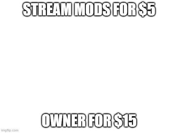 Blank White Template |  STREAM MODS FOR $5; OWNER FOR $15 | image tagged in blank white template | made w/ Imgflip meme maker