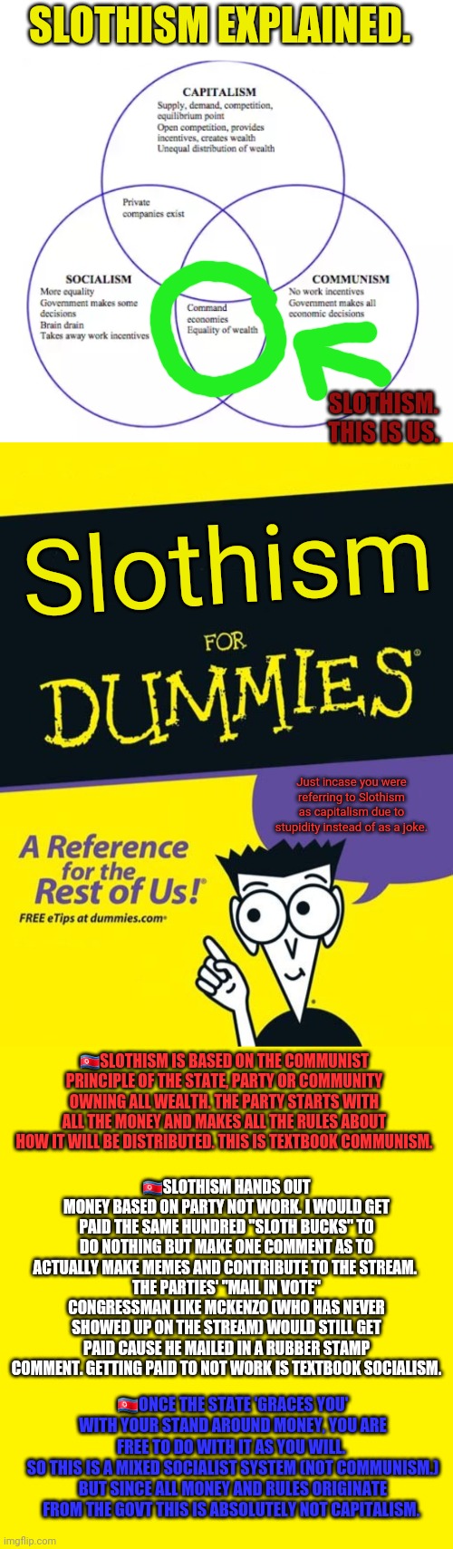 Slothism for dummies | SLOTHISM EXPLAINED. SLOTHISM. THIS IS US. Slothism; Just incase you were referring to Slothism as capitalism due to stupidity instead of as a joke. 🇰🇵SLOTHISM IS BASED ON THE COMMUNIST PRINCIPLE OF THE STATE, PARTY OR COMMUNITY OWNING ALL WEALTH. THE PARTY STARTS WITH ALL THE MONEY AND MAKES ALL THE RULES ABOUT HOW IT WILL BE DISTRIBUTED. THIS IS TEXTBOOK COMMUNISM. 🇰🇵SLOTHISM HANDS OUT MONEY BASED ON PARTY NOT WORK. I WOULD GET PAID THE SAME HUNDRED "SLOTH BUCKS" TO DO NOTHING BUT MAKE ONE COMMENT AS TO ACTUALLY MAKE MEMES AND CONTRIBUTE TO THE STREAM. 
THE PARTIES' "MAIL IN VOTE" CONGRESSMAN LIKE MCKENZO (WHO HAS NEVER SHOWED UP ON THE STREAM) WOULD STILL GET PAID CAUSE HE MAILED IN A RUBBER STAMP COMMENT. GETTING PAID TO NOT WORK IS TEXTBOOK SOCIALISM. 🇰🇵ONCE THE STATE 'GRACES YOU' WITH YOUR STAND AROUND MONEY, YOU ARE FREE TO DO WITH IT AS YOU WILL. 
SO THIS IS A MIXED SOCIALIST SYSTEM (NOT COMMUNISM.) BUT SINCE ALL MONEY AND RULES ORIGINATE FROM THE GOVT THIS IS ABSOLUTELY NOT CAPITALISM. | image tagged in for dummies book,yellow background,slothism,communism,socialism,not capitalism | made w/ Imgflip meme maker