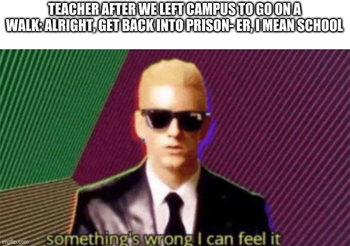 That's... deeply unsettling | TEACHER AFTER WE LEFT CAMPUS TO GO ON A WALK: ALRIGHT, GET BACK INTO PRISON- ER, I MEAN SCHOOL | image tagged in something's wrong i can feel it | made w/ Imgflip meme maker