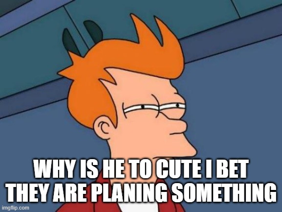 Futurama Fry | WHY IS HE TO CUTE I BET THEY ARE PLANING SOMETHING | image tagged in memes,futurama fry | made w/ Imgflip meme maker