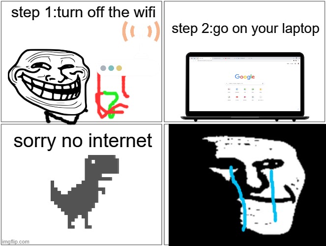 July 15th 2021"No Wifi"incident | step 1:turn off the wifi; step 2:go on your laptop; sorry no internet | image tagged in wifi drops,trollge,incident | made w/ Imgflip meme maker