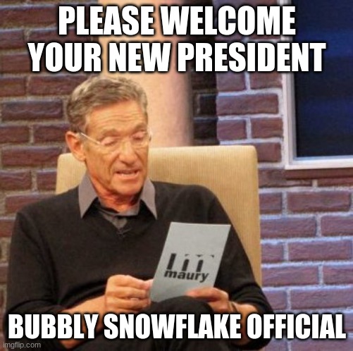 Maury Lie Detector |  PLEASE WELCOME YOUR NEW PRESIDENT; BUBBLY SNOWFLAKE OFFICIAL | image tagged in memes,maury lie detector | made w/ Imgflip meme maker
