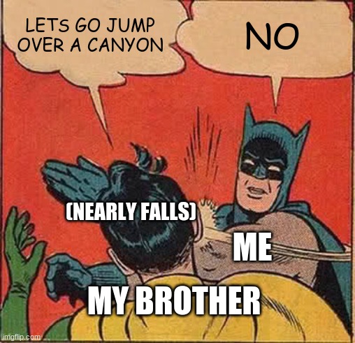 Batman Slapping Robin Meme | LETS GO JUMP OVER A CANYON; NO; (NEARLY FALLS); ME; MY BROTHER | image tagged in memes,batman slapping robin | made w/ Imgflip meme maker