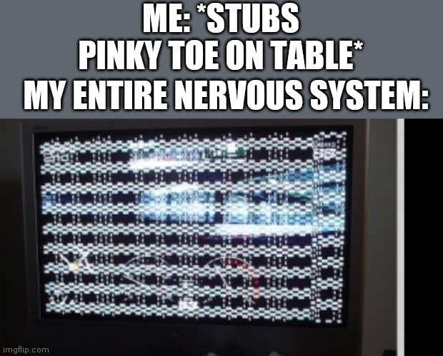 You might not understand the image unless it happened to you. | ME: *STUBS PINKY TOE ON TABLE*; MY ENTIRE NERVOUS SYSTEM: | image tagged in evendeaderbox 360 | made w/ Imgflip meme maker