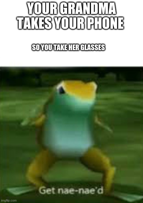 a little dark humor I guess | YOUR GRANDMA TAKES YOUR PHONE; SO YOU TAKE HER GLASSES | image tagged in get nae nae'd | made w/ Imgflip meme maker