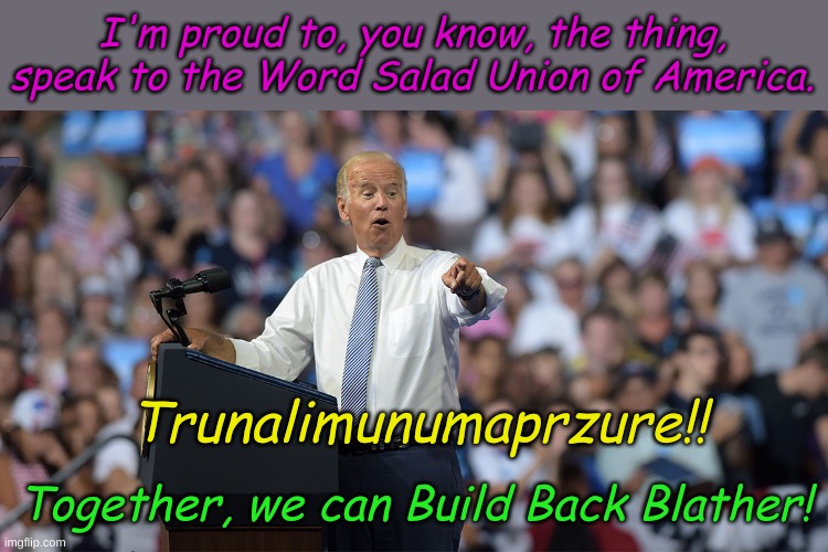 Now that he has a track record, flashback to the campaign trail. | I'm proud to, you know, the thing, speak to the Word Salad Union of America. Trunalimunumaprzure!! Together, we can Build Back Blather! | image tagged in joe biden | made w/ Imgflip meme maker