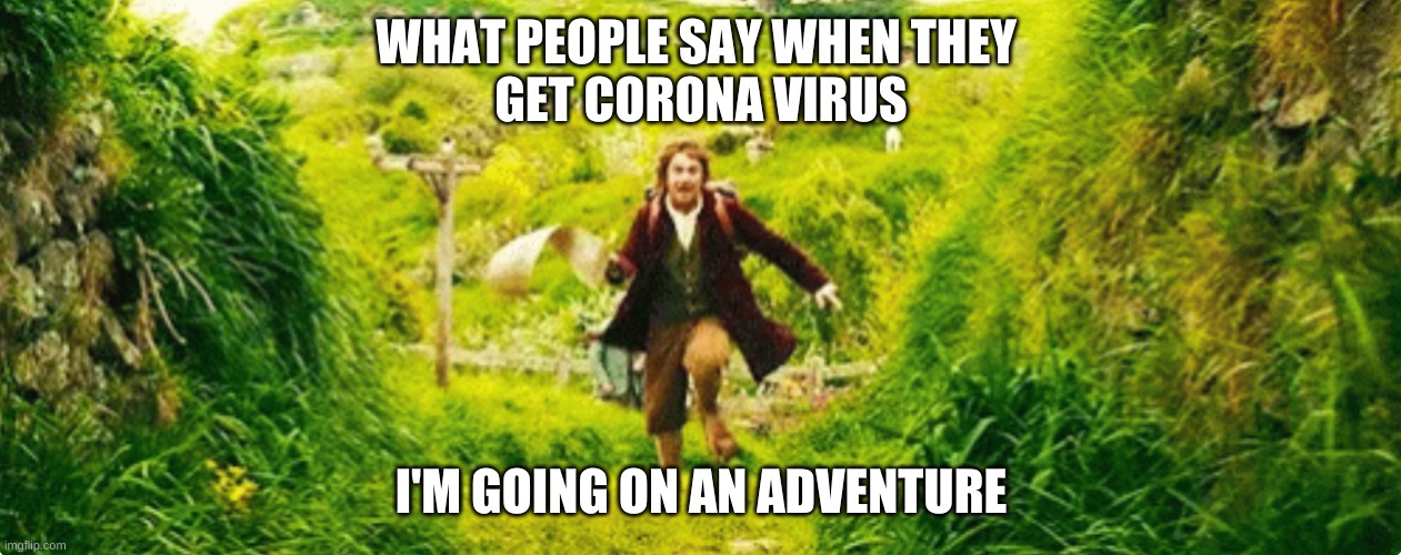 Corona | WHAT PEOPLE SAY WHEN THEY 
GET CORONA VIRUS; I'M GOING ON AN ADVENTURE | image tagged in virus | made w/ Imgflip meme maker
