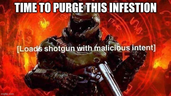 Loads shotgun with malicious intent | TIME TO PURGE THIS INFESTION | image tagged in loads shotgun with malicious intent | made w/ Imgflip meme maker