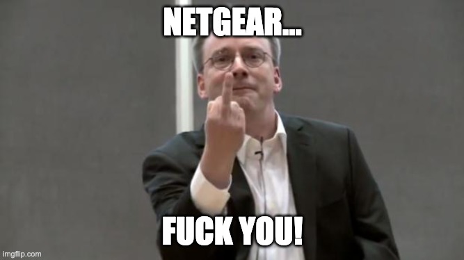 linus torvalds | NETGEAR... FUCK YOU! | image tagged in linus torvalds | made w/ Imgflip meme maker