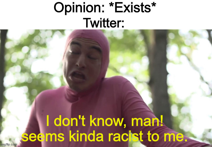 Uh, how's that racist exactly? | Opinion: *Exists*; Twitter:; I don't know, man! seems kinda racist to me. | image tagged in i don t know man seems kinda gay to me | made w/ Imgflip meme maker