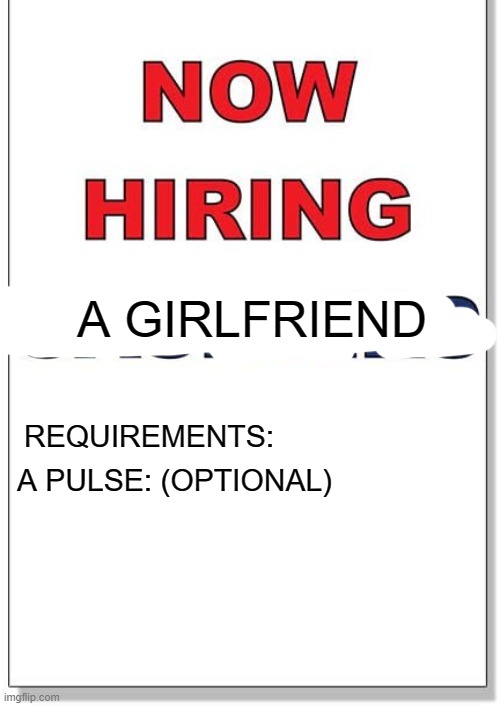 now hiring | A GIRLFRIEND; REQUIREMENTS:; A PULSE: (OPTIONAL) | image tagged in memes | made w/ Imgflip meme maker