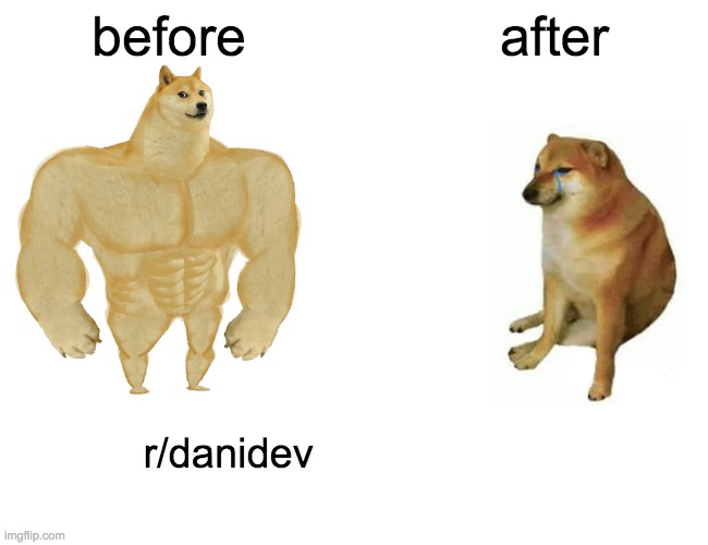 Buff Doge vs. Cheems Meme | before; after; r/danidev | image tagged in memes,buff doge vs cheems | made w/ Imgflip meme maker