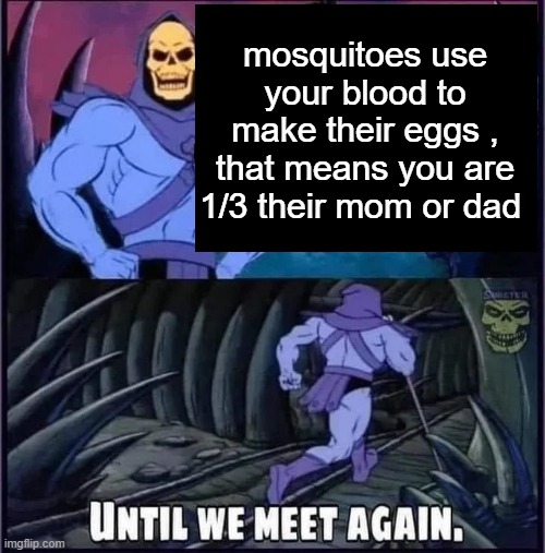Until we meet again. | mosquitoes use your blood to make their eggs , that means you are 1/3 their mom or dad | image tagged in until we meet again | made w/ Imgflip meme maker