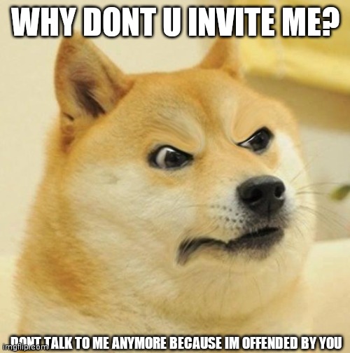 Confused Angery Doge | WHY DONT U INVITE ME? DONT TALK TO ME ANYMORE BECAUSE IM OFFENDED BY YOU | image tagged in confused angery doge | made w/ Imgflip meme maker