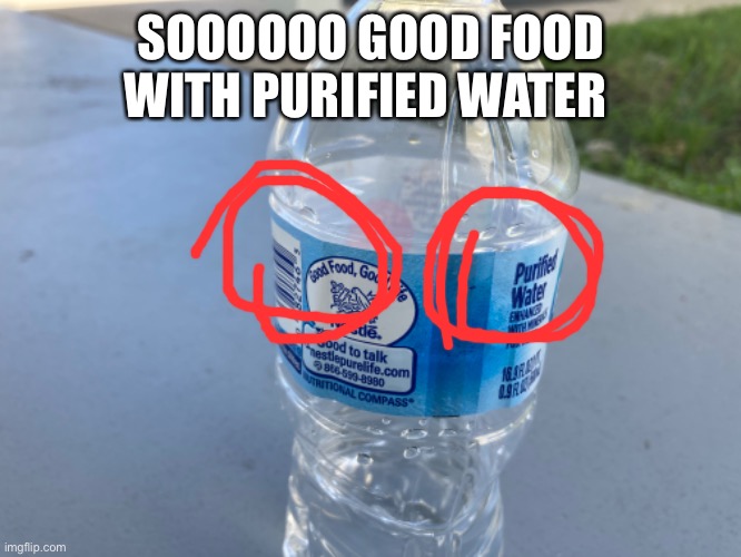 Good food with purified water |  SOOOOOO GOOD FOOD WITH PURIFIED WATER | image tagged in water,water bottle,reeeeeeeeeeeeeeeeeeeeee,stupid,stupid people,why | made w/ Imgflip meme maker