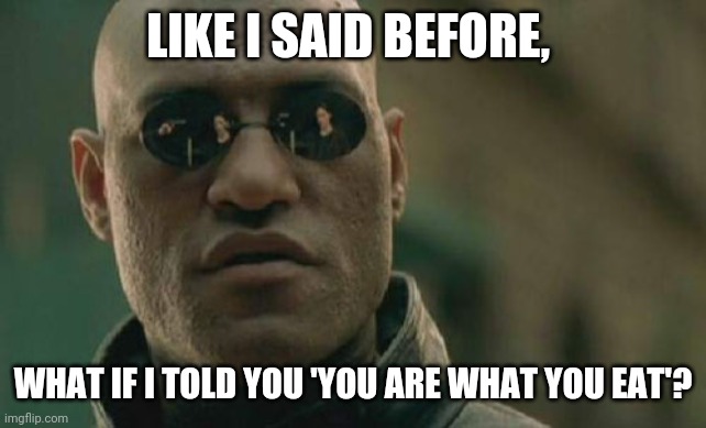 Matrix Morpheus Meme | LIKE I SAID BEFORE, WHAT IF I TOLD YOU 'YOU ARE WHAT YOU EAT'? | image tagged in memes,matrix morpheus | made w/ Imgflip meme maker
