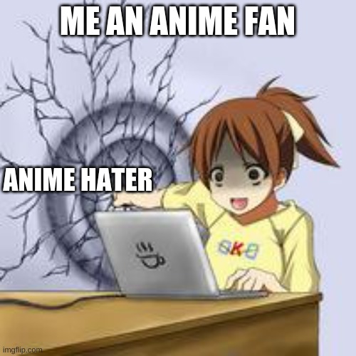 Anime wall punch | ME AN ANIME FAN; ANIME HATER | image tagged in anime wall punch | made w/ Imgflip meme maker