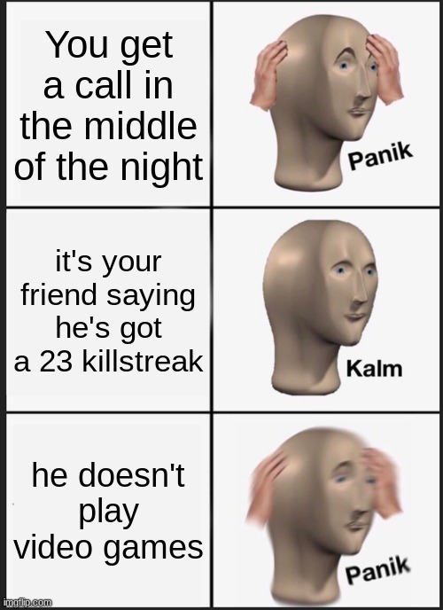 Am I Right Or Am I Right? | You get a call in the middle of the night; it's your friend saying he's got a 23 killstreak; he doesn't play video games | image tagged in memes,panik kalm panik | made w/ Imgflip meme maker