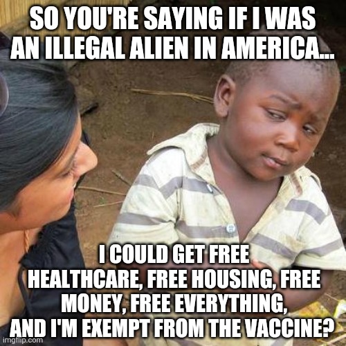 Illegals got it made in the shade. | SO YOU'RE SAYING IF I WAS AN ILLEGAL ALIEN IN AMERICA... I COULD GET FREE HEALTHCARE, FREE HOUSING, FREE MONEY, FREE EVERYTHING, AND I'M EXEMPT FROM THE VACCINE? | image tagged in memes | made w/ Imgflip meme maker