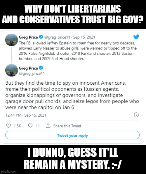 /s | WHY DON'T LIBERTARIANS AND CONSERVATIVES TRUST BIG GOV? I DUNNO, GUESS IT'LL REMAIN A MYSTERY. :-/ | made w/ Imgflip meme maker